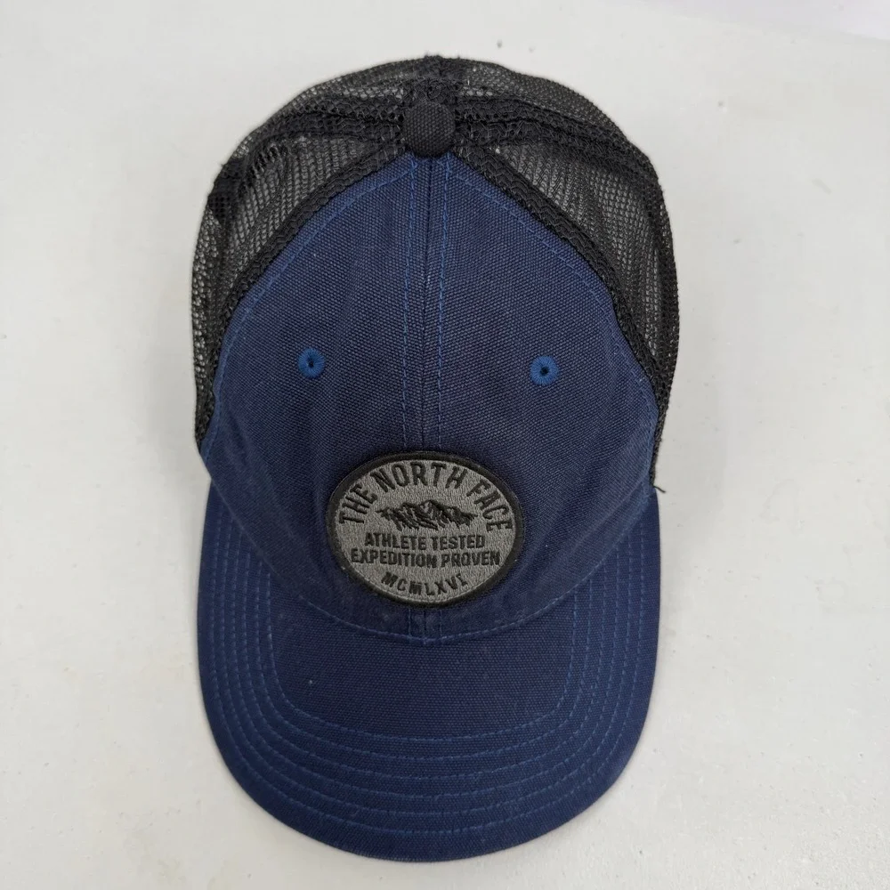 The North Face Trucker Hat Men One Size Navy Blue Mesh Snapback Expedition Patch